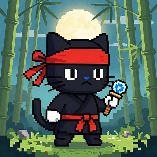 Pixel art of a black cat ninja with red headband and belt, holding a blue-starred katana, standing in a bamboo forest at sunset.