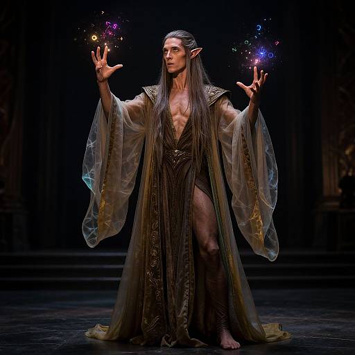Photograph of a tall, slender, long-haired elf with pointed ears, wearing a sheer, ornate robe, casting colorful magical sparks from outst
