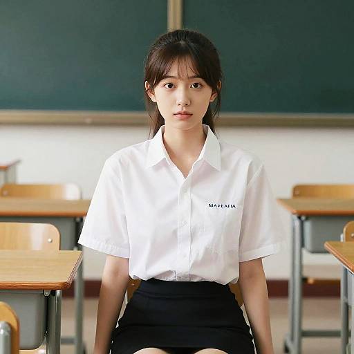 Photograph of an Asian woman with straight black hair in a white short-sleeved shirt and black skirt, standing in a classroom with desks and a