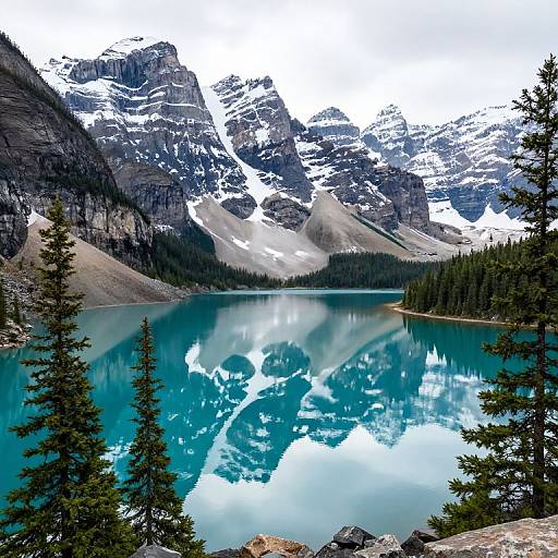 Photograph of a serene mountain lake with turquoise water, reflecting snowy peaks and evergreen trees, under a cloudy sky.