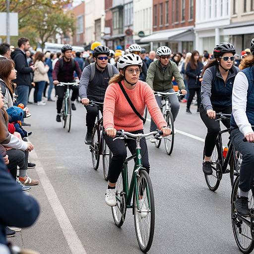 Photograph of a diverse group of cyclists wearing helmets and casual clothing, riding on a city street with a crowd of pedestrians in the background.
