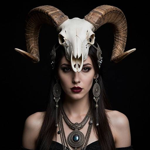 Photograph of a pale woman with dark hair, wearing a skull with horns, black lipstick, and elaborate silver jewelry against a black background.
