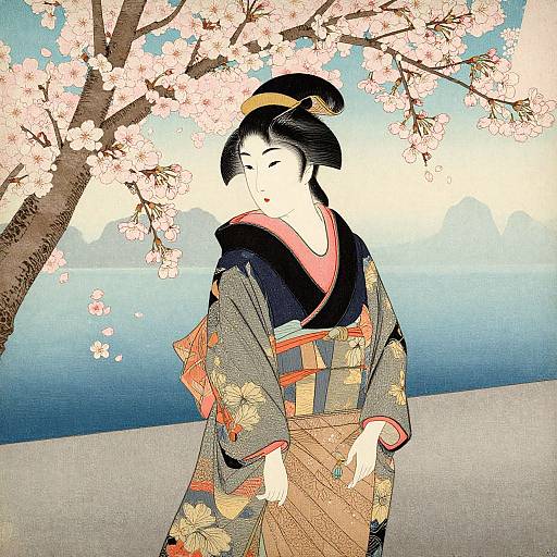 Meiji-Era Woman Under Cherry Blossoms