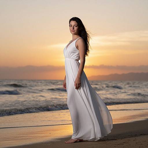 Photograph of a woman with long dark hair in a flowing white dress standing on a beach at sunset, with waves and a golden-orange sky in the