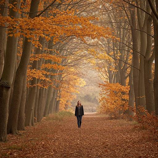 Photograph of a woman in black jacket walking down a leaf-covered forest path lined with tall trees and vibrant orange autumn leaves.