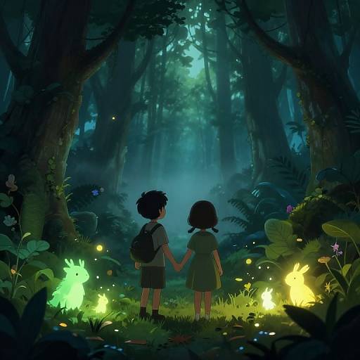 Digital anime-style illustration of a boy and girl holding hands, standing in a dark, enchanted forest with glowing fireflies and luminescent plants.