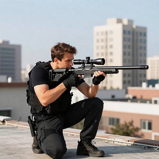 Male Sniper on Rooftop Aiming Rifle