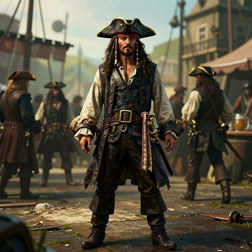 Charismatic Pirate Captain at Bustling Port