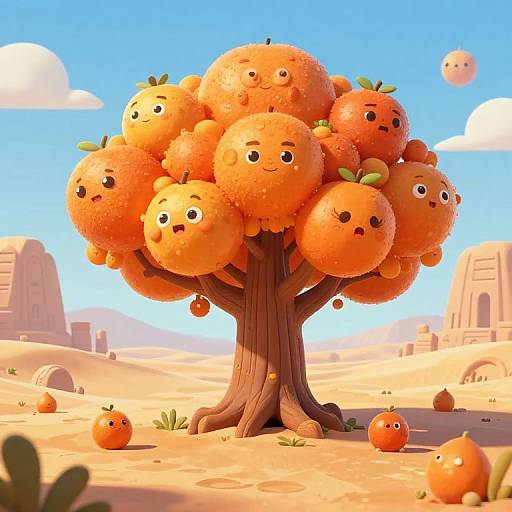CGI cartoon of a whimsical orange tree with round, smiling fruit faces in a bright desert landscape under a blue sky.