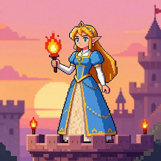 Pixel art of a blonde, blue-eyed princess in a blue and gold dress holding a torch, standing on a castle battlement at sunset.
