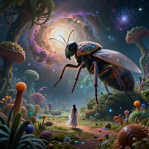 Digital fantasy artwork: Giant iridescent insect with translucent wings looms over a tiny cloaked figure in a vibrant, surreal forest under a glowing,