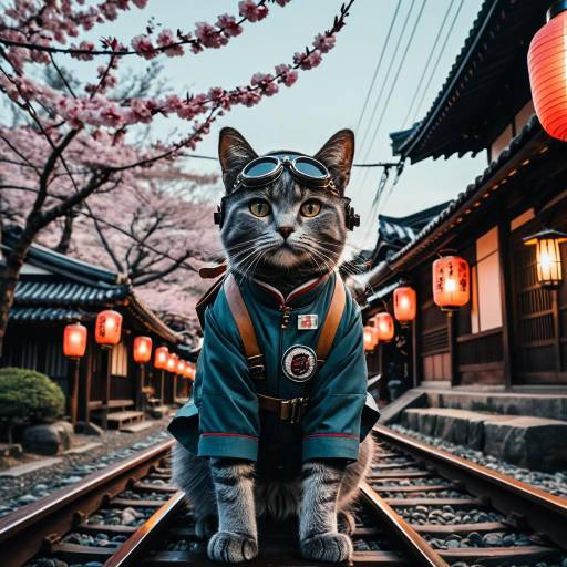 Vintage Pilot Cat in Cherry Blossom Village Vintage Pilot Cat in Cherry Blossom Village