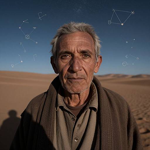 Photograph of an elderly man with gray hair, wrinkled face, wearing a brown jacket over a gray shirt, standing in a desert under a star