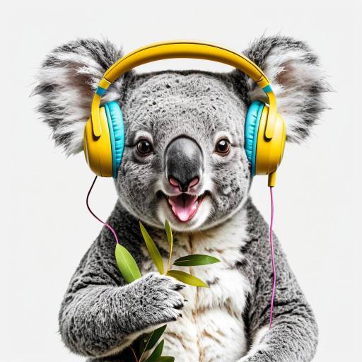 Happy Koala with Headphones Eating Eucalyptus