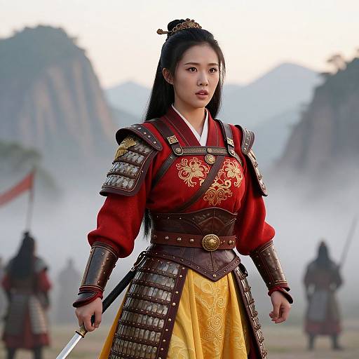 Digital artwork of an Asian warrior woman in red and gold traditional armor, yellow skirt, holding a sword, misty mountain background.