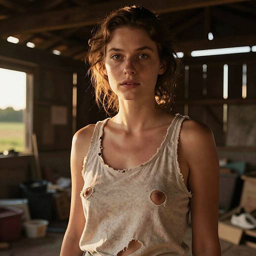 Woman in Torn Tank Top Inside Barn