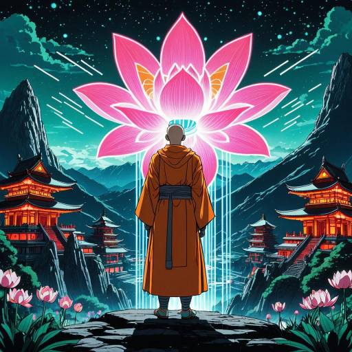 Cybernetic Monk with Giant Lotus Mech in Anime Style