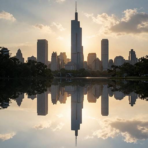 Photograph of a city skyline at sunset, with skyscrapers silhouetted against a bright, cloud-filled sky, perfectly reflected in a calm
