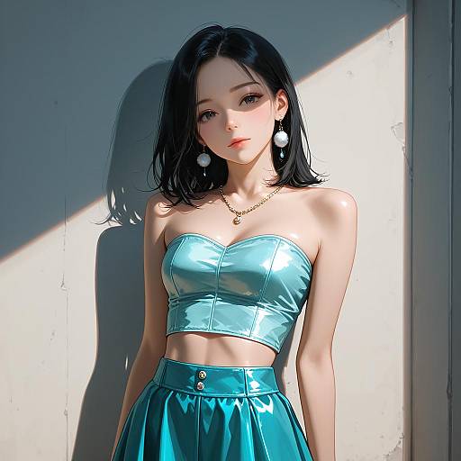 Young Woman in Aqua Crop Top and Skirt