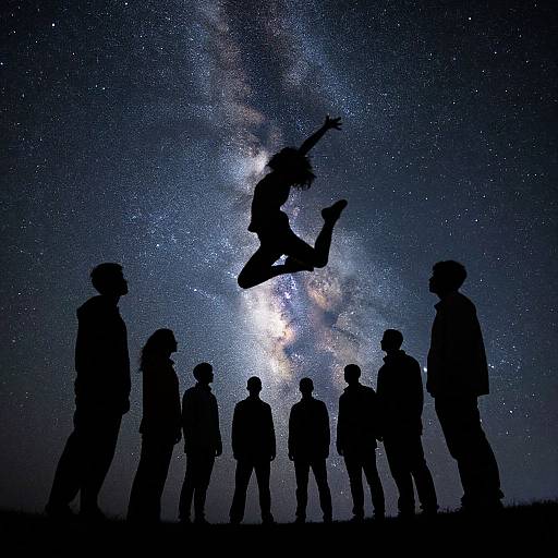Silhouetted people against a starry night sky with the Milky Way, one person jumping mid-air. Photograph, dramatic nighttime scene.