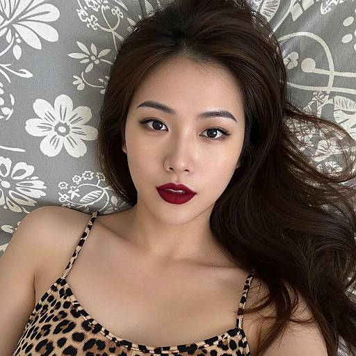 Photograph of an Asian woman with long dark hair, wearing a leopard-print top, lying on a floral-patterned grey background. She has dark red