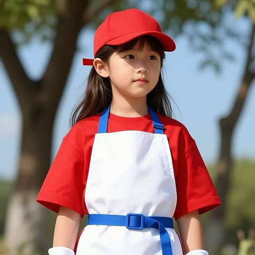 Young Girl in Red Outfit by Tree