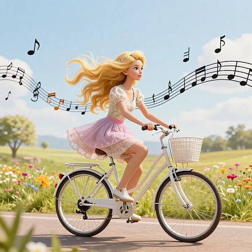 Digital artwork of a blonde woman with flowing hair, wearing a pink dress and white shoes, riding a white bicycle with a basket, surrounded by musical notes