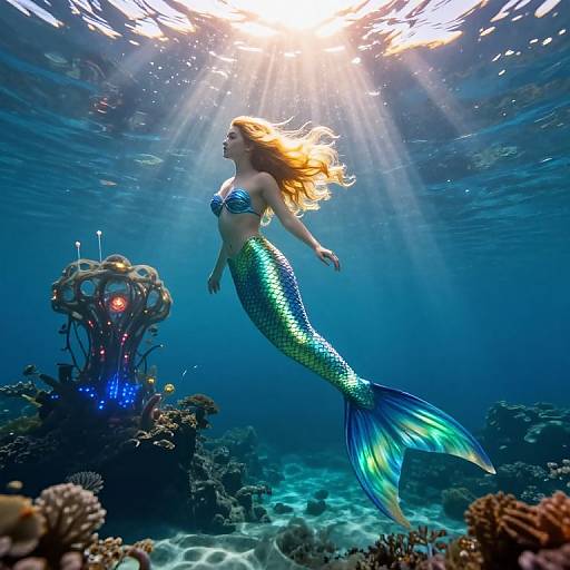 Photograph of a radiant mermaid with flowing blonde hair, blue-green scales, and a shimmering tail, swimming underwater near a glowing coral reef,