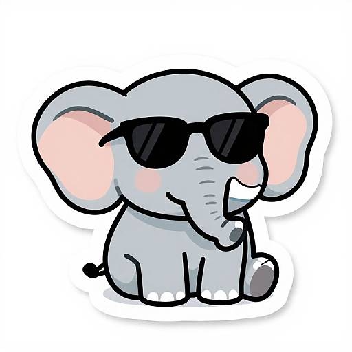Cute digital cartoon of a light blue baby elephant with large pink ears, wearing black sunglasses, sitting and smiling.