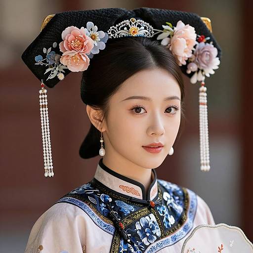 Photograph of an Asian woman with fair skin, dark hair in a traditional floral headdress, wearing an intricately embroidered blue and white Chinese dress,