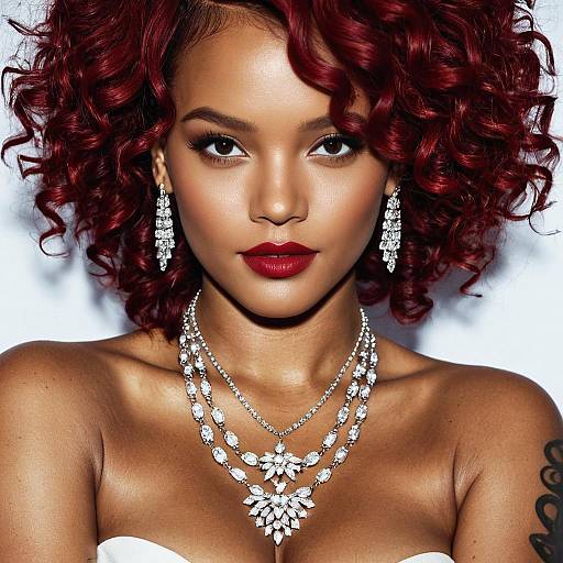 Woman with Short Curly Red Hair and Elegant Jewelry