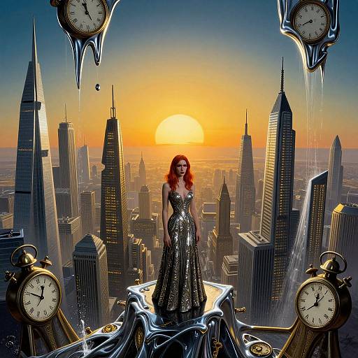 Digital art: Red-haired woman in shimmering silver dress stands on rooftop, surrounded by melting clocks, at sunset over a futuristic city skyline.