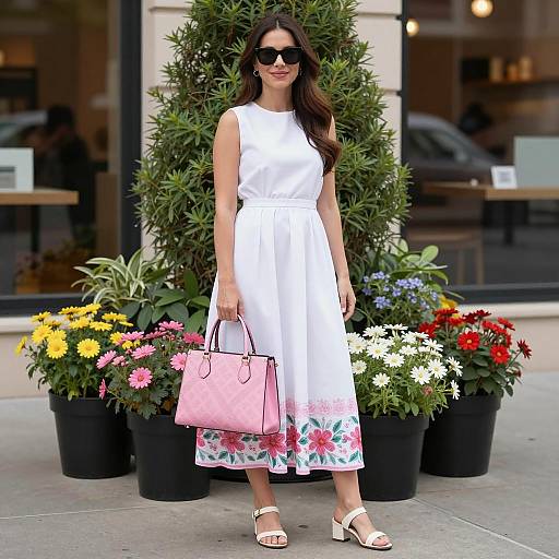 Woman in White Dress with Pink Floral Border Holding Pink Handbag