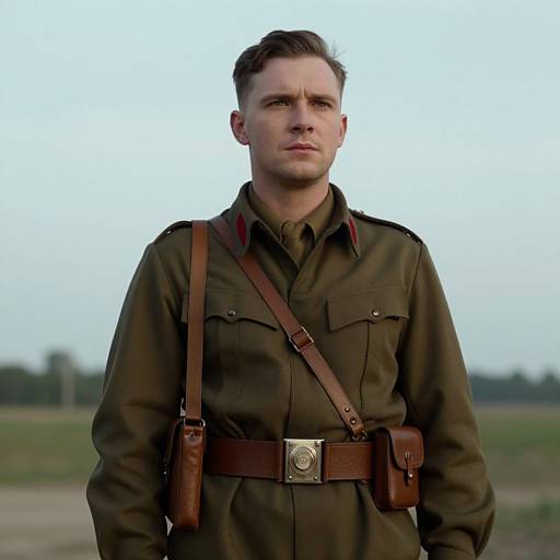 Photograph of a serious, fair-skinned man with short brown hair in a WWII-era olive green military uniform with brown leather straps and belt, standing