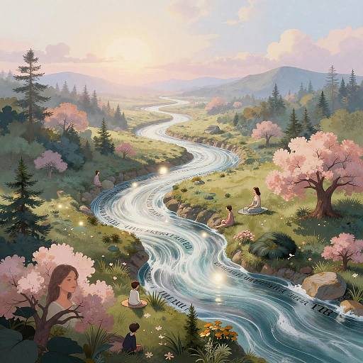 Surreal River of Text Within Dreamy Landscape