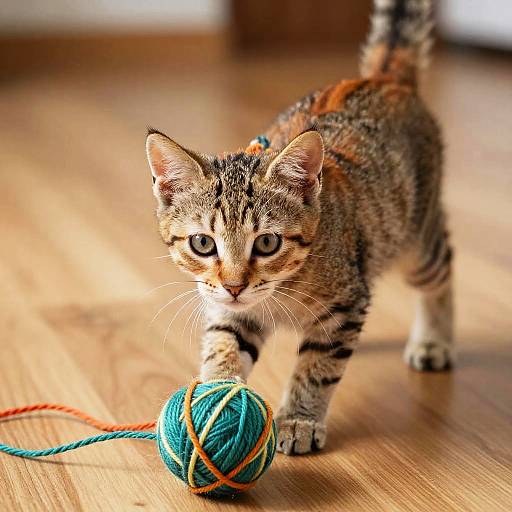 Lively Tabby Kitten Playing with Yarn