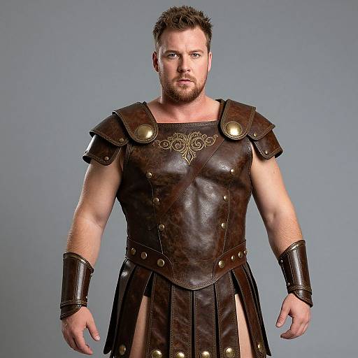 Photograph of a muscular, bearded Caucasian man with short brown hair, wearing a dark brown leather Roman-style gladiator armor with brass accents and a