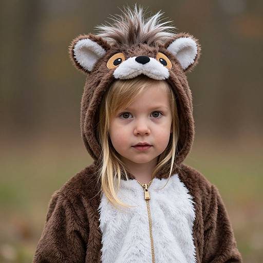 Photograph of a blonde, fair-skinned toddler wearing a brown bear-themed costume with white fur on the chest and zipper, standing outdoors with a blurred