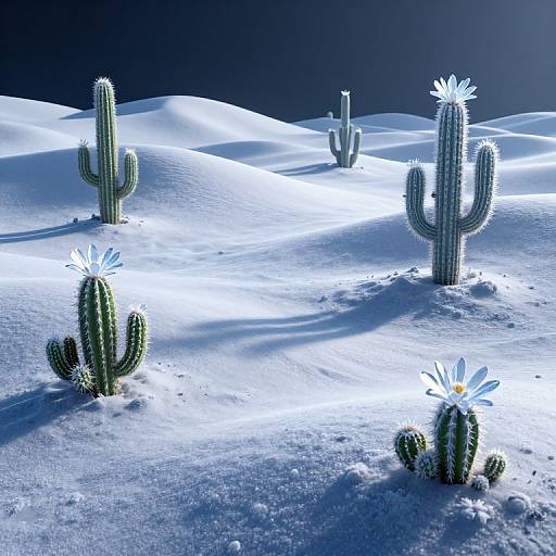 Photograph of a moonlit desert scene with cacti adorned with white flowers, casting long shadows on snow-like sand dunes.