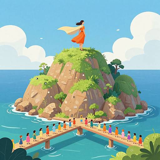 Digital illustration of a woman in an orange dress standing on a grassy island, overlooking a bridge with diverse people, surrounded by blue ocean and white clouds