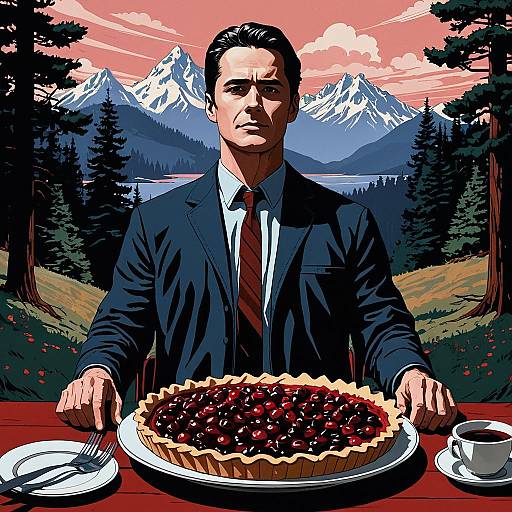 Stylized Artwork of Man with Cherry Pie and Mountain Landscape