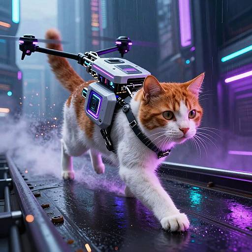 Cybernetic Ginger and White Cat with Drones in Futuristic City