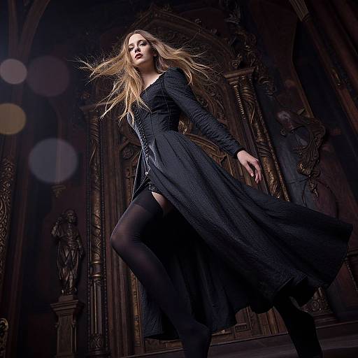 Photograph of a blonde woman in a flowing black dress and stockings, posing dramatically in a dimly lit, ornate cathedral.