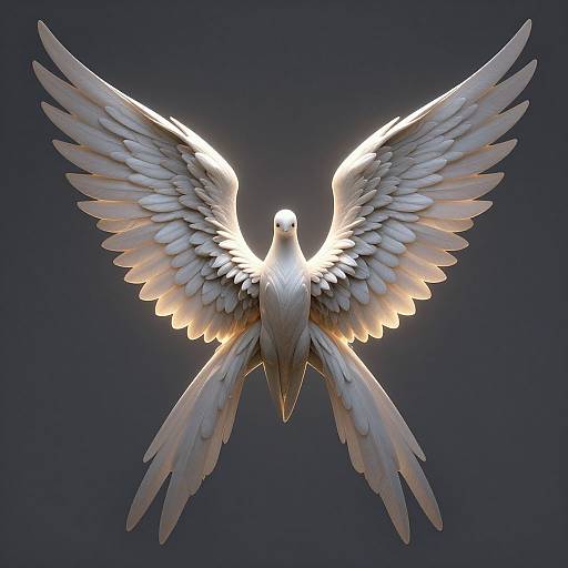 Digital illustration of a white dove with glowing wings, spread wide against a dark blue background, creating an ethereal, luminous effect.