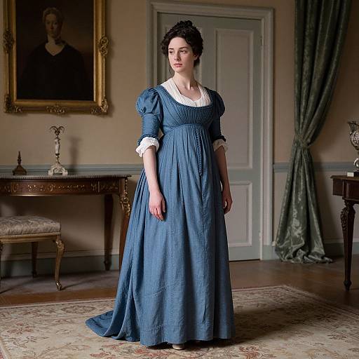 Photograph of a pale-skinned woman with dark hair in a blue, 19th-century dress with white trim, standing in an elegant, vintage