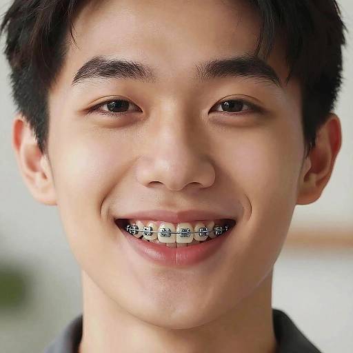 Close-up photograph of a smiling Asian man with short black hair, showing metal braces on his teeth, against a blurred white background.