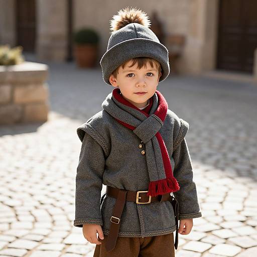 Photograph of a young boy in a gray woolen hat, coat, and scarf, with a red fringed scarf, standing on a sunlit
