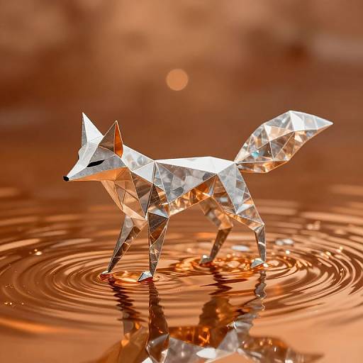 Photograph of a crystal paper fox standing on water, creating ripples, with an orange-brown reflective background and bokeh light.