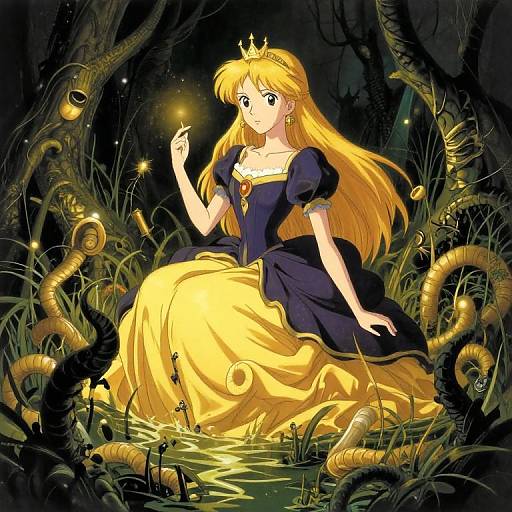 Digital anime-style drawing of a blonde princess with a crown, wearing a yellow and black dress, surrounded by glowing fireflies in a dark, enchanted forest