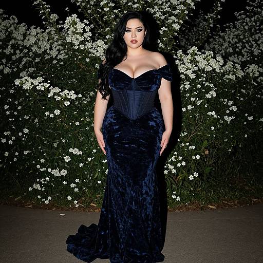 Photograph of a curvy Asian woman with long black hair, wearing a black off-shoulder velvet gown, standing in front of a dark floral